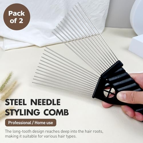 Metal Afro Comb Set – 2PCS African American Hair Pick Comb, Wide Teeth, Classic Black Fist Design – Styling Tool for Curly and Afro Hair - görsel 3