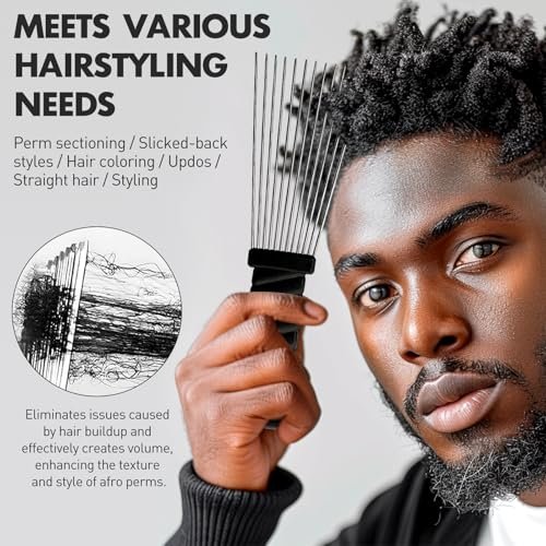 Metal Afro Comb Set – 2PCS African American Hair Pick Comb, Wide Teeth, Classic Black Fist Design – Styling Tool for Curly and Afro Hair - görsel 5