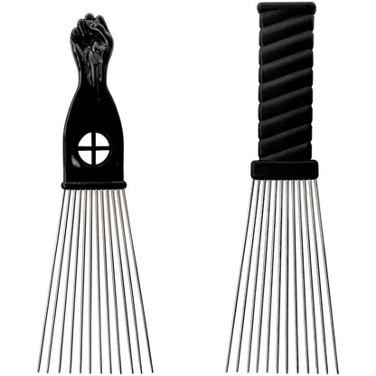 Metal Afro Comb Set – 2PCS African American Hair Pick Comb, Wide Teeth, Classic Black Fist Design – Styling Tool for Curly and Afro Hair