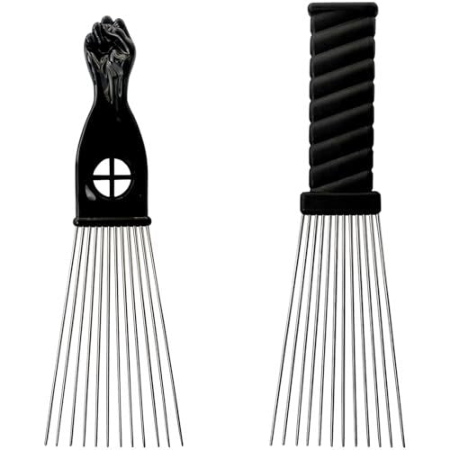 Metal Afro Comb Set – 2PCS African American Hair Pick Comb, Wide Teeth, Classic Black Fist Design – Styling Tool for Curly and Afro Hair - görsel 1