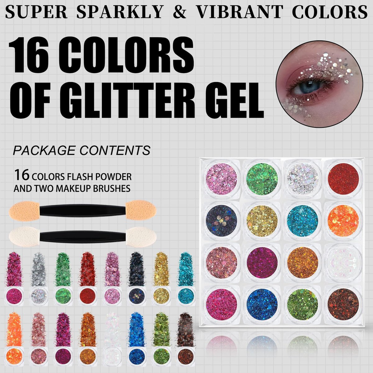 16 Colors Chunky Fine Mixed Holographic Glitter Gel Set for Face and Body Makeup – Festival Party Sparkle Glitter Gel Decoration Rave Accessories - görsel 3