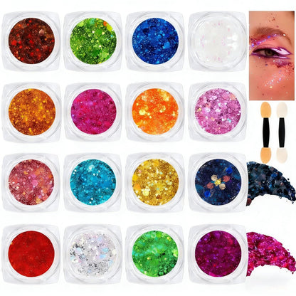 16 Colors Chunky Fine Mixed Holographic Glitter Gel Set for Face and Body Makeup – Festival Party Sparkle Glitter Gel Decoration Rave Accessories