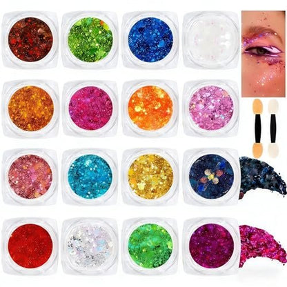 16 Colors Chunky Fine Mixed Holographic Glitter Gel Set for Face and Body Makeup – Festival Party Sparkle Glitter Gel Decoration Rave Accessories