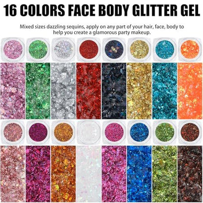 16 Colors Chunky Fine Mixed Holographic Glitter Gel Set for Face and Body Makeup – Festival Party Sparkle Glitter Gel Decoration Rave Accessories
