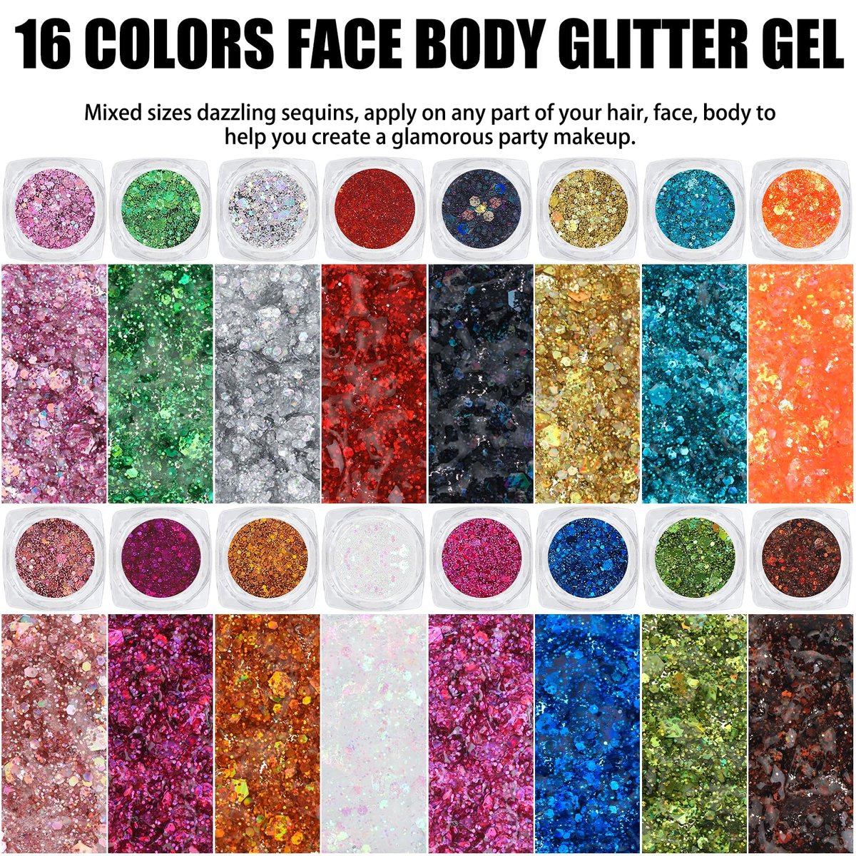 16 Colors Chunky Fine Mixed Holographic Glitter Gel Set for Face and Body Makeup – Festival Party Sparkle Glitter Gel Decoration Rave Accessories - görsel 5