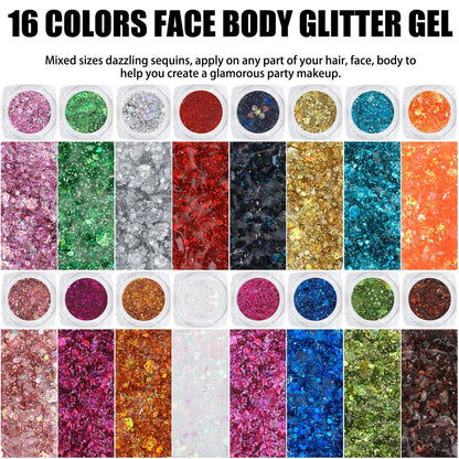16 Colors Chunky Fine Mixed Holographic Glitter Gel Set for Face and Body Makeup – Festival Party Sparkle Glitter Gel Decoration Rave Accessories