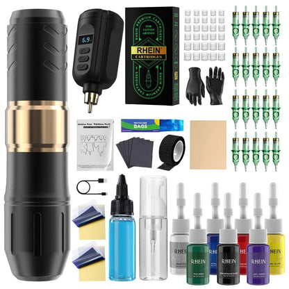 RHEIN Wireless Rotary Tattoo Gun Pen Kit - Complete Set with Battery, 20 Cartridge Needles & 7 Colors Ink for Beginners & Professionals Avelisse