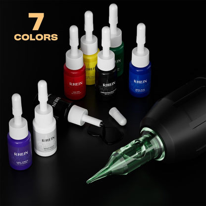RHEIN Wireless Rotary Tattoo Gun Pen Kit - Complete Set with Battery, 20 Cartridge Needles & 7 Colors Ink for Beginners & Professionals Avelisse