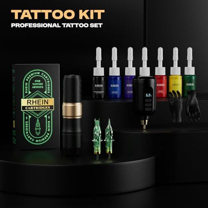 RHEIN Wireless Rotary Tattoo Gun Pen Kit - Complete Set with Battery, 20 Cartridge Needles & 7 Colors Ink for Beginners & Professionals Avelisse