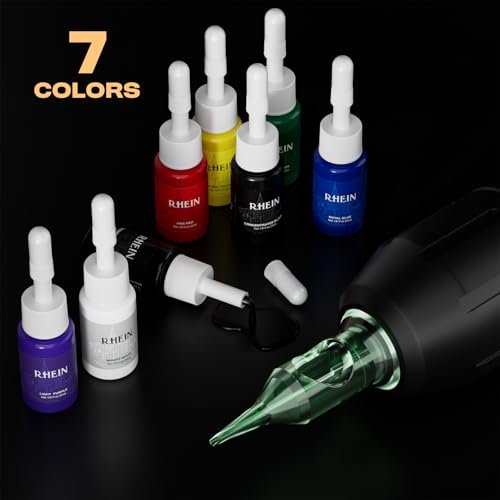 RHEIN Wireless Rotary Tattoo Gun Pen Kit - Complete Set with Battery, 20 Cartridge Needles & 7 Colors Ink for Beginners & Professionals Avelisse