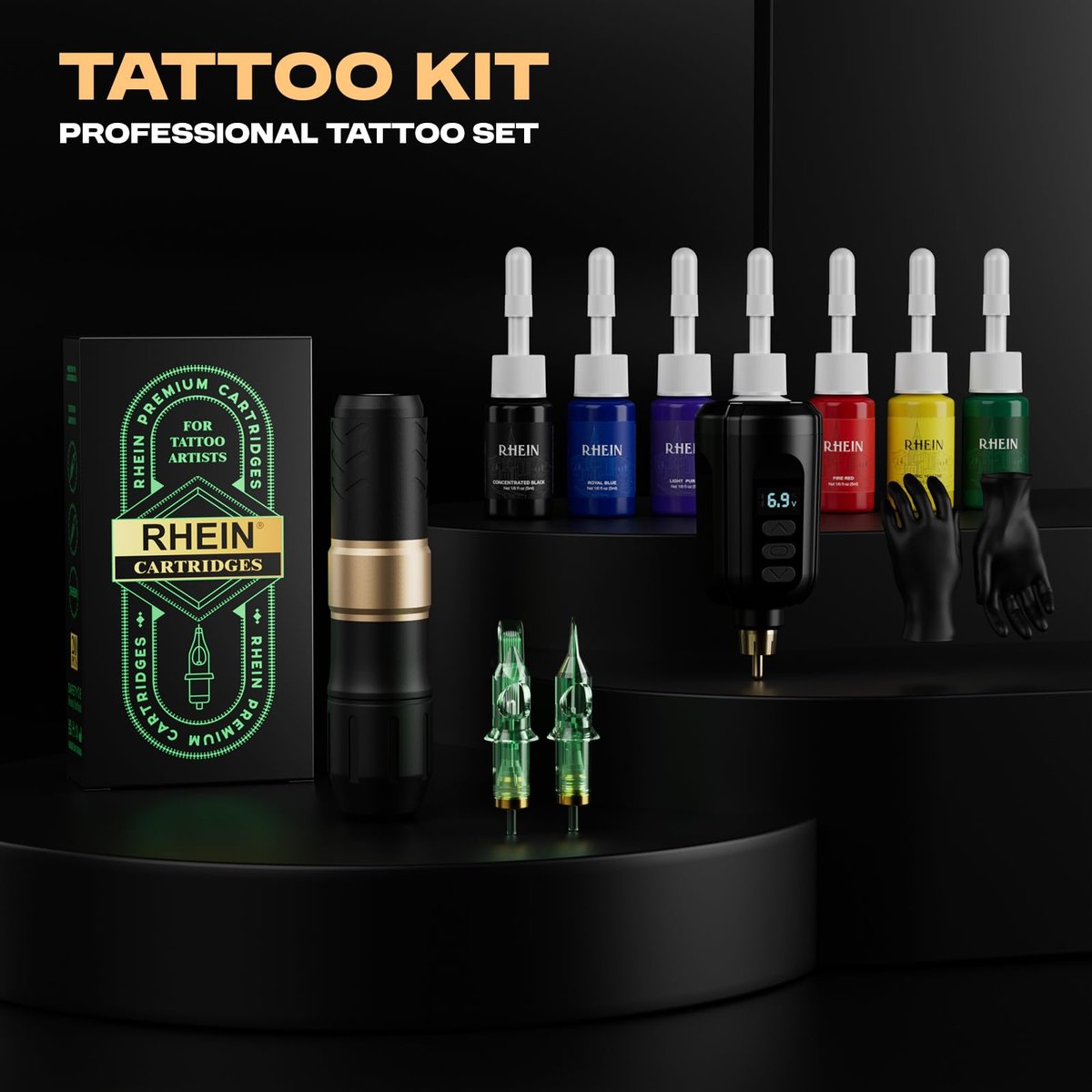 RHEIN Wireless Rotary Tattoo Gun Pen Kit - Complete Set with Battery, 20 Cartridge Needles & 7 Colors Ink for Beginners & Professionals Avelisse
