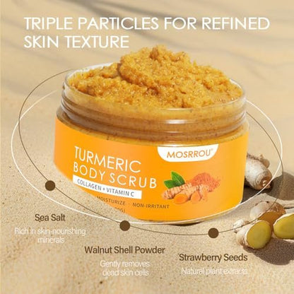 Turmeric Body Scrub with Vitamin C, Collagen & Coconut Oil – Exfoliating Body Scrub for Smooth, Hydrated Skin – Dead Skin Remover for Butt, Bikini Area – Includes Loofah – 10.58 oz Avelisse