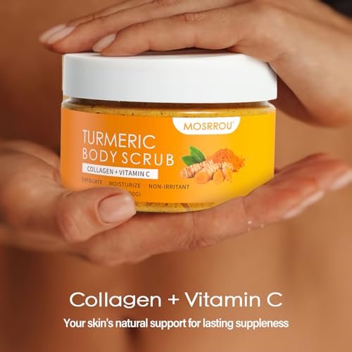Turmeric Body Scrub with Vitamin C, Collagen & Coconut Oil – Exfoliating Body Scrub for Smooth, Hydrated Skin – Dead Skin Remover for Butt, Bikini Area – Includes Loofah – 10.58 oz Avelisse