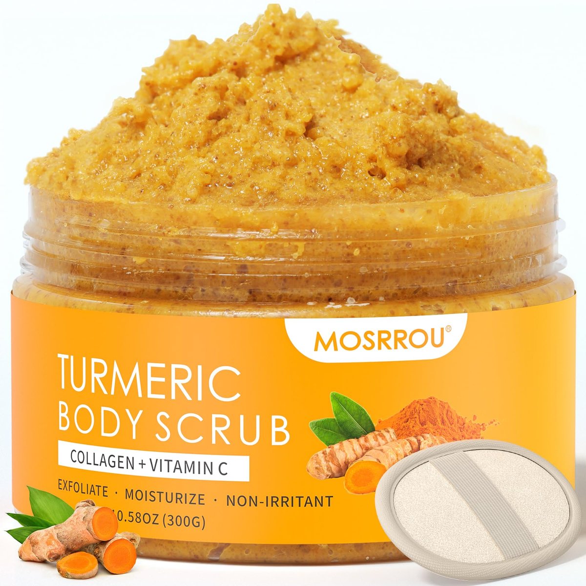 Turmeric Body Scrub with Vitamin C, Collagen & Coconut Oil – Exfoliating Body Scrub for Smooth, Hydrated Skin – Dead Skin Remover for Butt, Bikini Area – Includes Loofah – 10.58 oz Avelisse