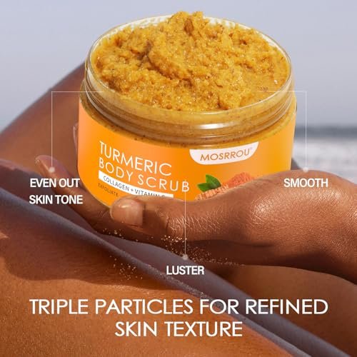 Turmeric Body Scrub with Vitamin C, Collagen & Coconut Oil – Exfoliating Body Scrub for Smooth, Hydrated Skin – Dead Skin Remover for Butt, Bikini Area – Includes Loofah – 10.58 oz Avelisse