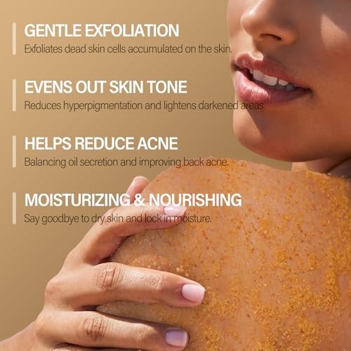 Turmeric Body Scrub with Vitamin C, Collagen & Coconut Oil – Exfoliating Body Scrub for Smooth, Hydrated Skin – Dead Skin Remover for Butt, Bikini Area – Includes Loofah – 10.58 oz Avelisse