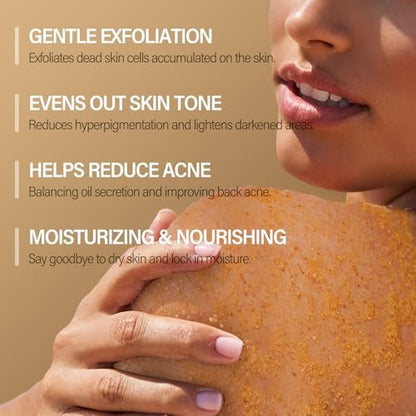 Turmeric Body Scrub with Vitamin C, Collagen & Coconut Oil – Exfoliating Body Scrub for Smooth, Hydrated Skin – Dead Skin Remover for Butt, Bikini Area – Includes Loofah – 10.58 oz Avelisse
