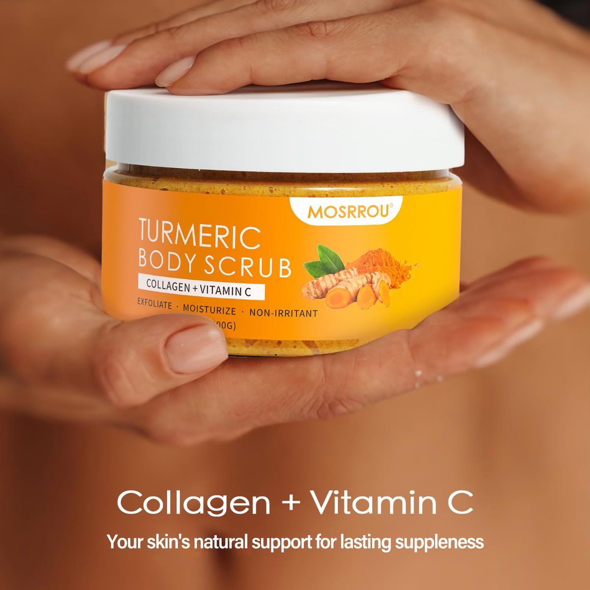 Turmeric Body Scrub with Vitamin C, Collagen & Coconut Oil – Exfoliating Body Scrub for Smooth, Hydrated Skin – Dead Skin Remover for Butt, Bikini Area – Includes Loofah – 10.58 oz Avelisse