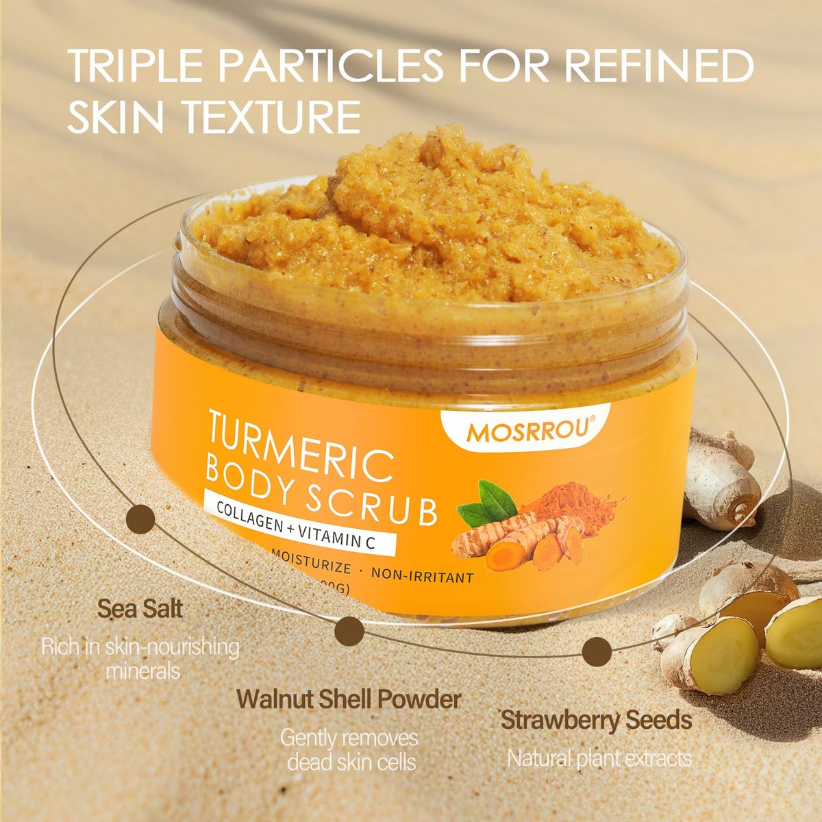 Turmeric Body Scrub with Vitamin C, Collagen & Coconut Oil – Exfoliating Body Scrub for Smooth, Hydrated Skin – Dead Skin Remover for Butt, Bikini Area – Includes Loofah – 10.58 oz Avelisse