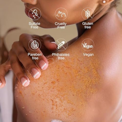 Turmeric Body Scrub with Vitamin C, Collagen & Coconut Oil – Exfoliating Body Scrub for Smooth, Hydrated Skin – Dead Skin Remover for Butt, Bikini Area – Includes Loofah – 10.58 oz Avelisse