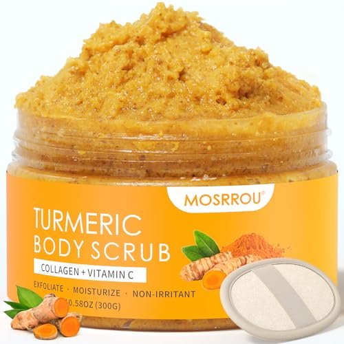 Turmeric Body Scrub with Vitamin C, Collagen & Coconut Oil – Exfoliating Body Scrub for Smooth, Hydrated Skin – Dead Skin Remover for Butt, Bikini Area – Includes Loofah – 10.58 oz Avelisse