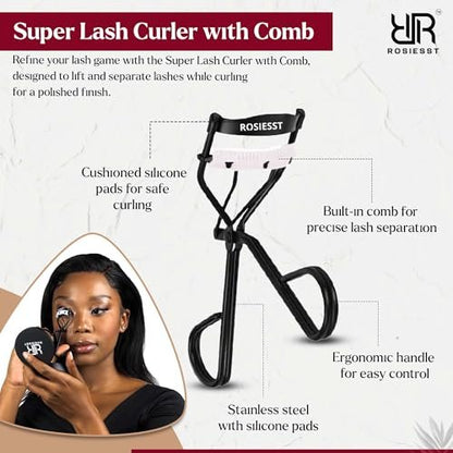 Rosiesst Super Eye Lash Curler with Built-in Comb – Long Lasting Curl, Stainless Steel, Lightweight & Durable