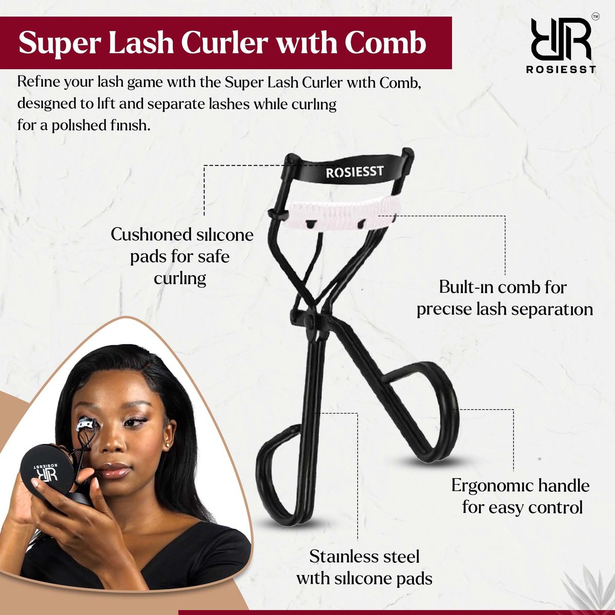 Rosiesst Super Eye Lash Curler with Built-in Comb – Long Lasting Curl, Stainless Steel, Lightweight & Durable - görsel 7