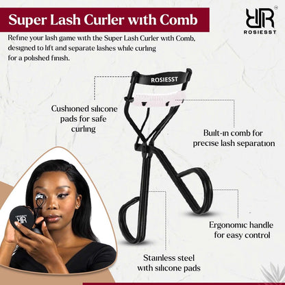 Rosiesst Super Eye Lash Curler with Built-in Comb – Long Lasting Curl, Stainless Steel, Lightweight & Durable