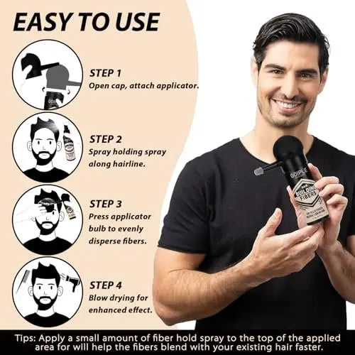 WOZUTUNT Hair Thickening Fibers & Pump Applicator Set - Professional Hair Styling Kit for Men's Hair & Beard - Black Hairline Enhancer & Volumizing Spray (4 x 0.24 oz) Avelisse