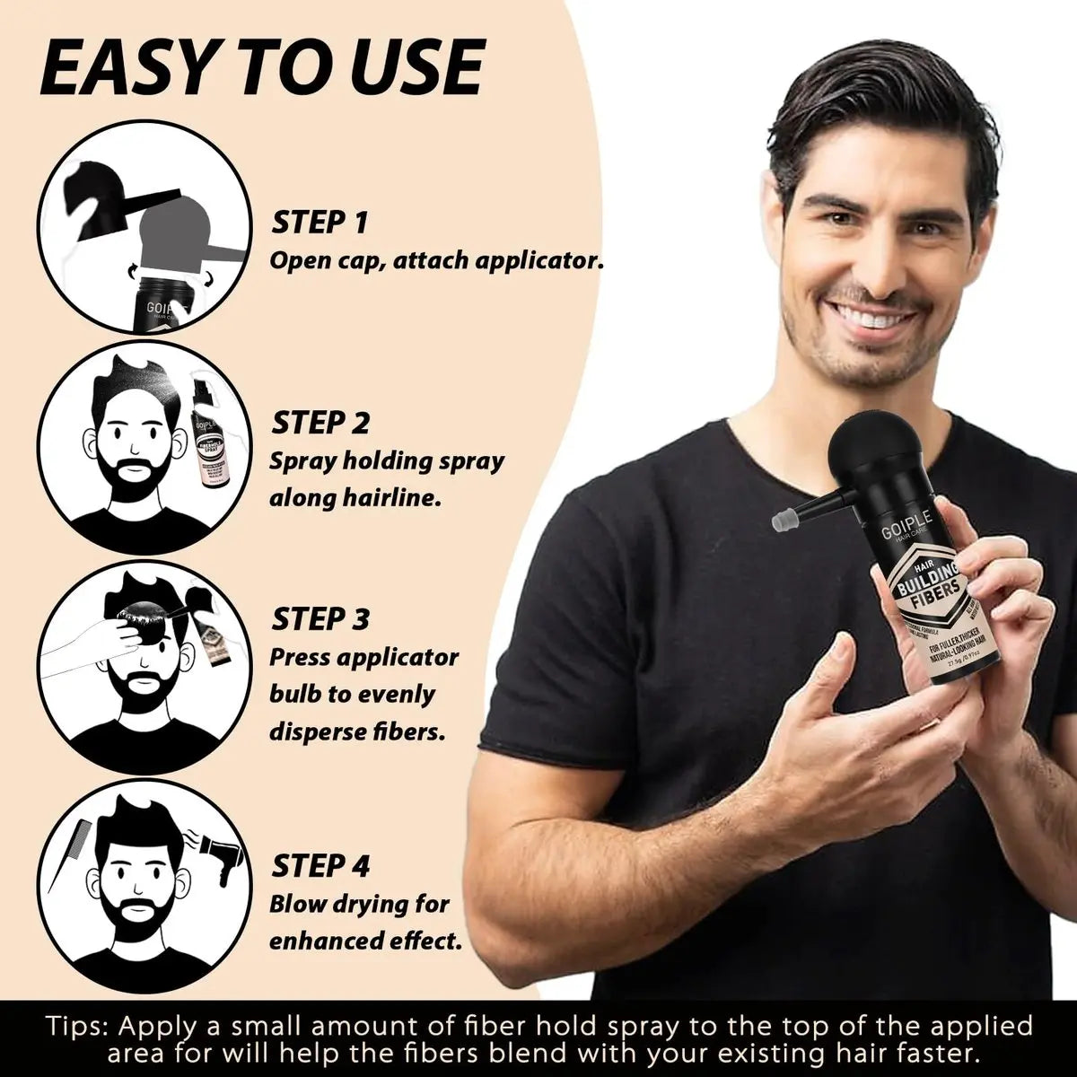 WOZUTUNT Hair Thickening Fibers & Pump Applicator Set - Professional Hair Styling Kit for Men's Hair & Beard - Black Hairline Enhancer & Volumizing Spray (4 x 0.24 oz) Avelisse