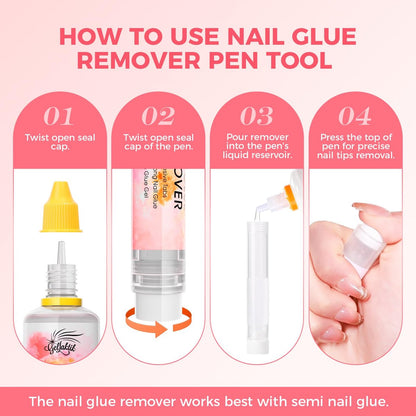 Gellaktik Nail Glue Remover with Remover Pen Tool Kit for Press on Nails, 50ml Acetone-Free Solution for False Nails, Acrylic Fake Tips, Pro Click & Remove Pen Design