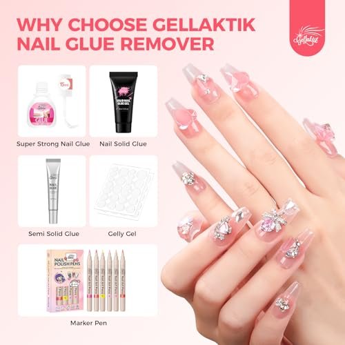Gellaktik Nail Glue Remover with Remover Pen Tool Kit for Press on Nails, 50ml Acetone-Free Solution for False Nails, Acrylic Fake Tips, Pro Click & Remove Pen Design - görsel 18