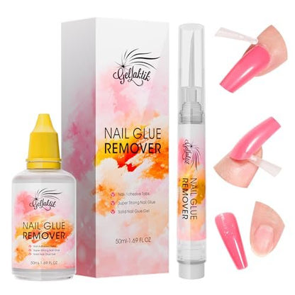 Gellaktik Nail Glue Remover with Remover Pen Tool Kit for Press on Nails, 50ml Acetone-Free Solution for False Nails, Acrylic Fake Tips, Pro Click & Remove Pen Design