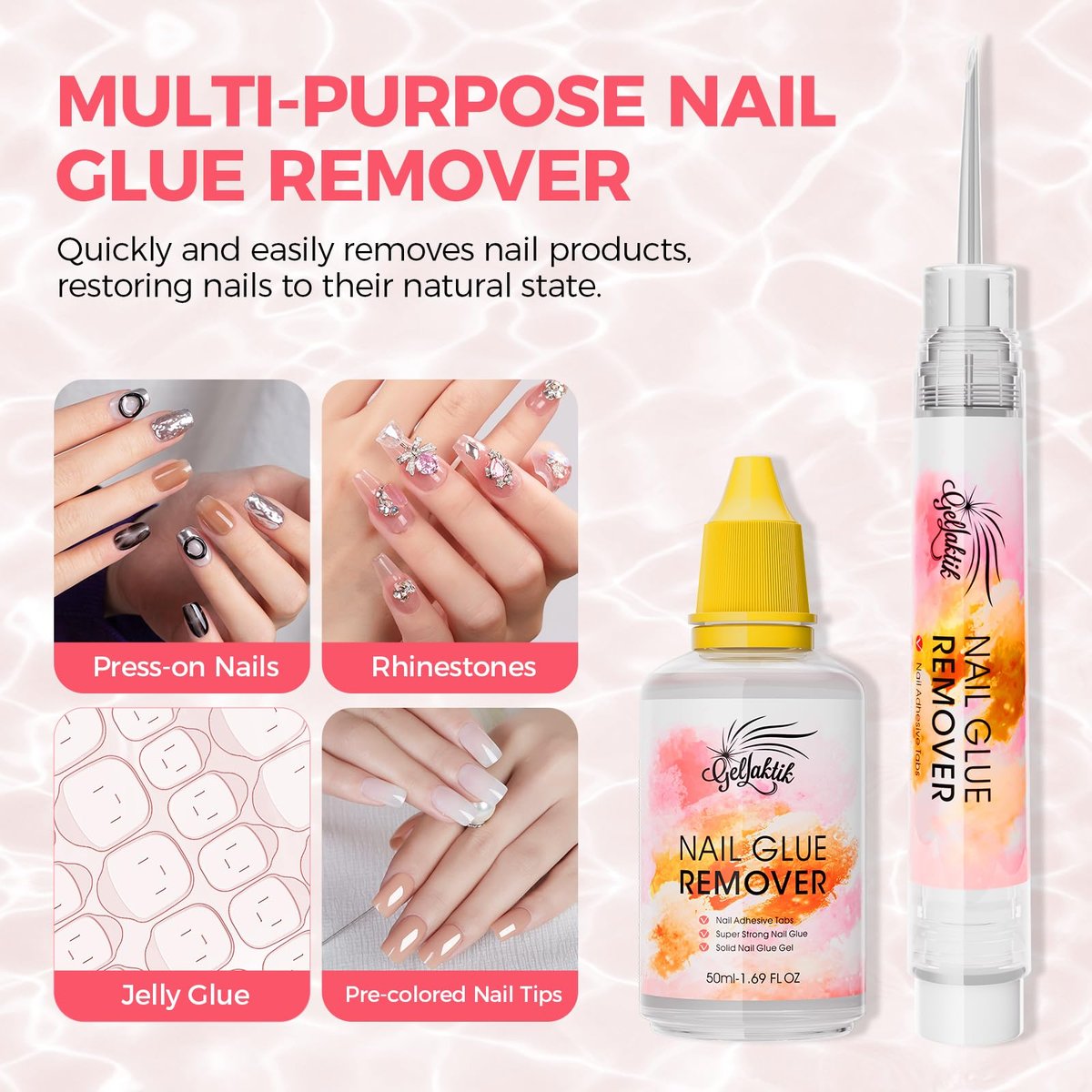 Gellaktik Nail Glue Remover with Remover Pen Tool Kit for Press on Nails, 50ml Acetone-Free Solution for False Nails, Acrylic Fake Tips, Pro Click & Remove Pen Design - görsel 5