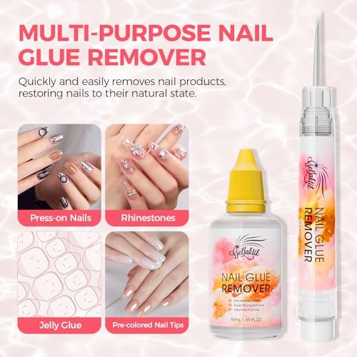 Gellaktik Nail Glue Remover with Remover Pen Tool Kit for Press on Nails, 50ml Acetone-Free Solution for False Nails, Acrylic Fake Tips, Pro Click & Remove Pen Design - görsel 6