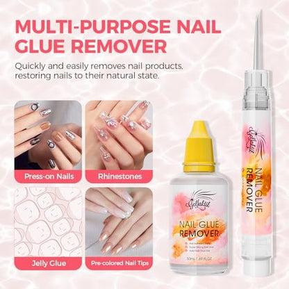 Gellaktik Nail Glue Remover with Remover Pen Tool Kit for Press on Nails, 50ml Acetone-Free Solution for False Nails, Acrylic Fake Tips, Pro Click & Remove Pen Design