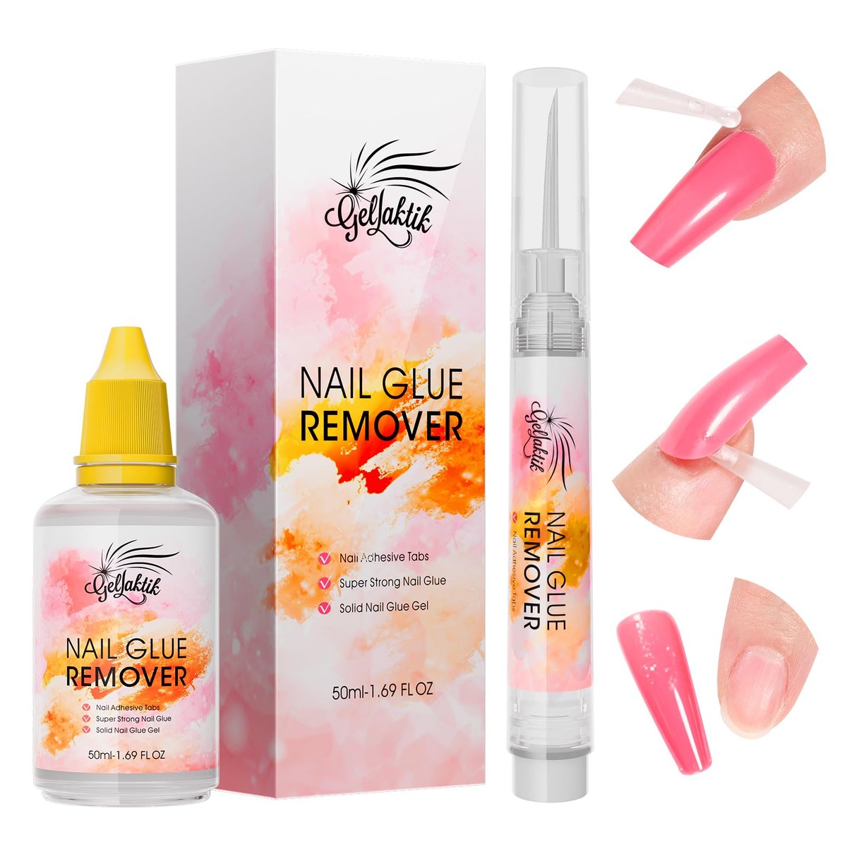 Gellaktik Nail Glue Remover with Remover Pen Tool Kit for Press on Nails, 50ml Acetone-Free Solution for False Nails, Acrylic Fake Tips, Pro Click & Remove Pen Design - görsel 1