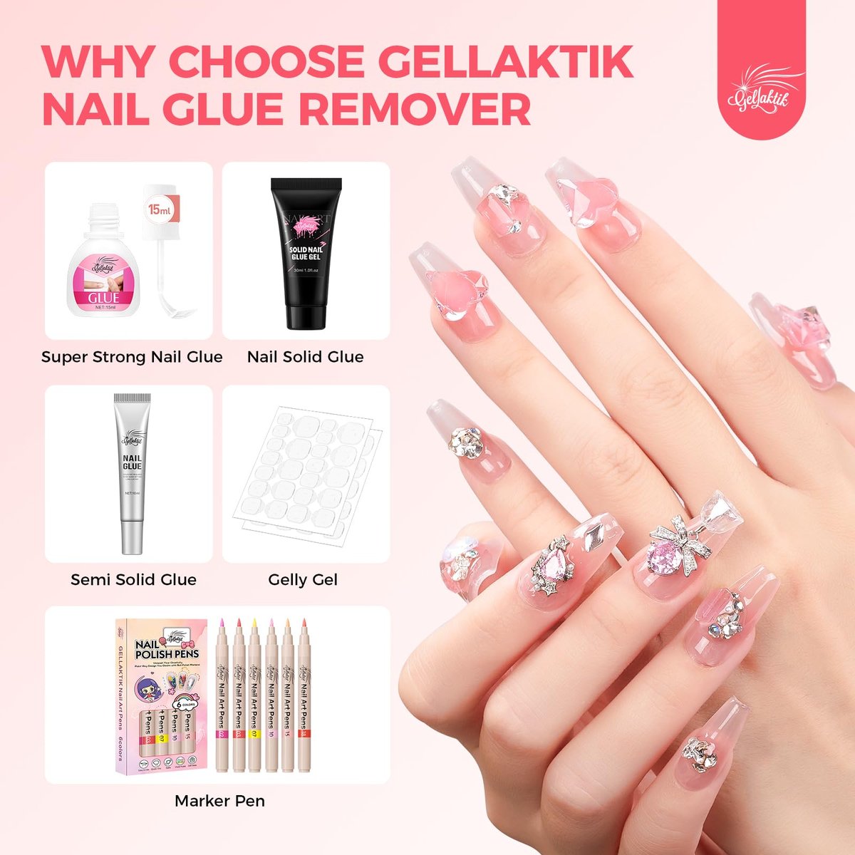 Gellaktik Nail Glue Remover with Remover Pen Tool Kit for Press on Nails, 50ml Acetone-Free Solution for False Nails, Acrylic Fake Tips, Pro Click & Remove Pen Design - görsel 17