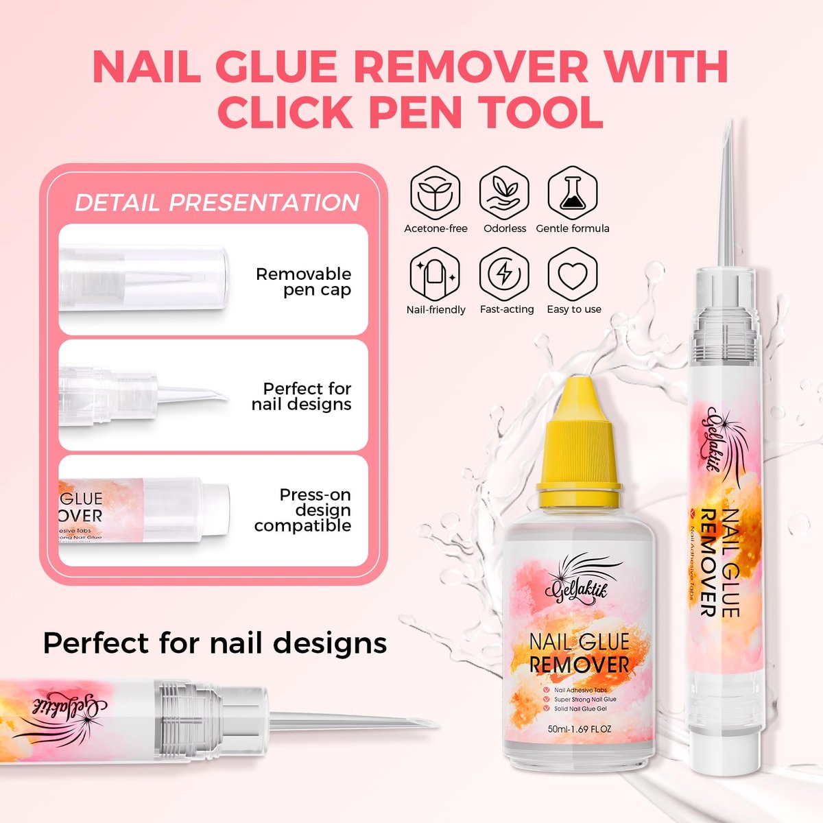 Gellaktik Nail Glue Remover with Remover Pen Tool Kit for Press on Nails, 50ml Acetone-Free Solution for False Nails, Acrylic Fake Tips, Pro Click & Remove Pen Design - görsel 3