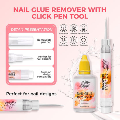 Gellaktik Nail Glue Remover with Remover Pen Tool Kit for Press on Nails, 50ml Acetone-Free Solution for False Nails, Acrylic Fake Tips, Pro Click & Remove Pen Design