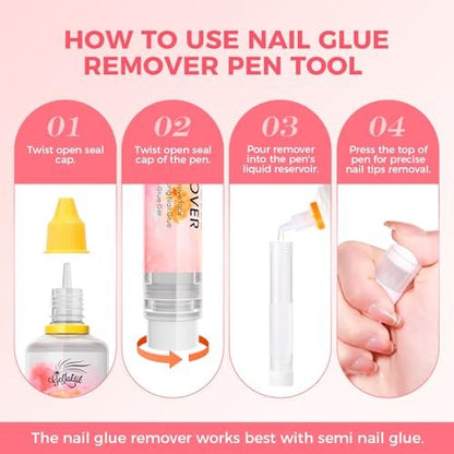Gellaktik Nail Glue Remover with Remover Pen Tool Kit for Press on Nails, 50ml Acetone-Free Solution for False Nails, Acrylic Fake Tips, Pro Click & Remove Pen Design