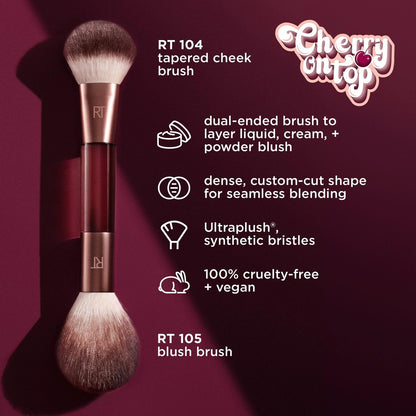 Real Techniques Cherry On Top It’s All Blush Brush – Dual-Ended Multipurpose Makeup Brush for Powder, Liquid & Cream Blush, Synthetic Bristles, Vegan & Cruelty-Free, 1 Count