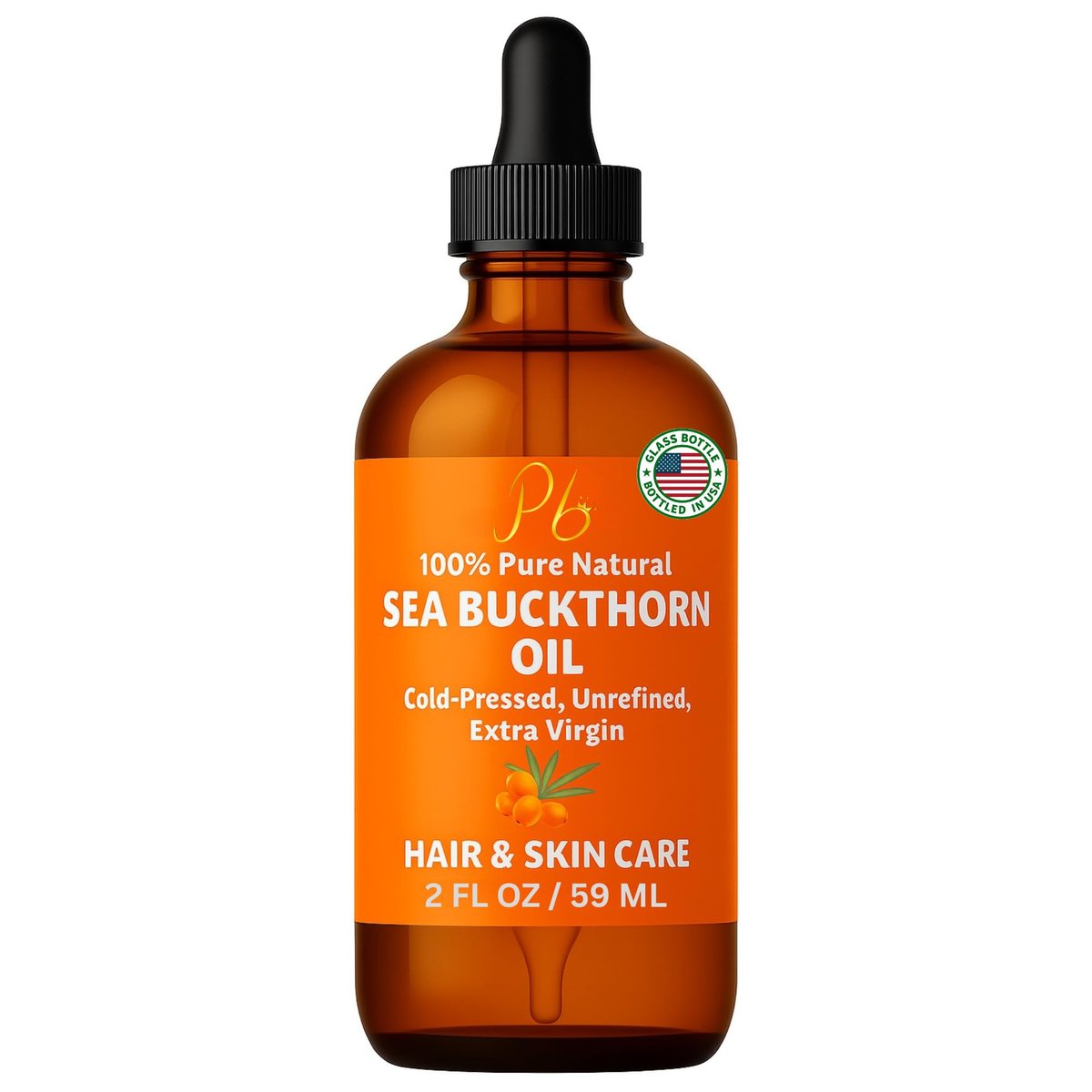 Pomberries Sea Buckthorn Oil – 100% Pure Cold-Pressed from Fruit & Seed – Face Oil for Radiant, Youthful-Looking Skin – Amber Glass Bottle 2 fl oz - görsel 1