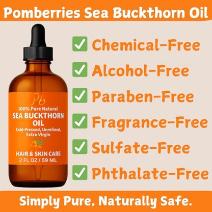 Pomberries Sea Buckthorn Oil – 100% Pure Cold-Pressed from Fruit & Seed – Face Oil for Radiant, Youthful-Looking Skin – Amber Glass Bottle 2 fl oz