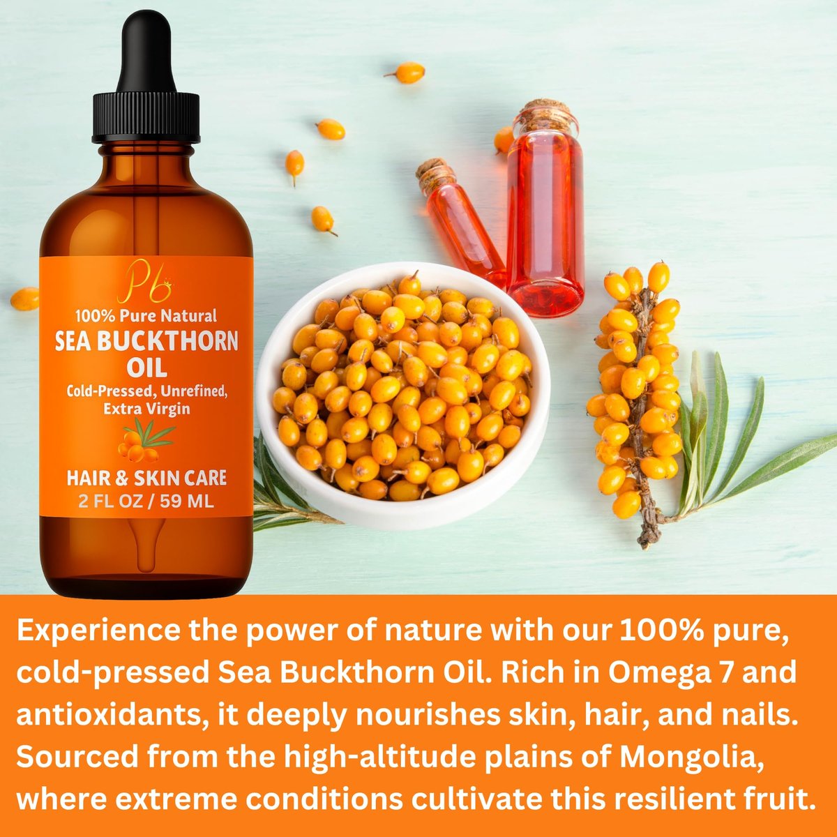 Pomberries Sea Buckthorn Oil – 100% Pure Cold-Pressed from Fruit & Seed – Face Oil for Radiant, Youthful-Looking Skin – Amber Glass Bottle 2 fl oz - görsel 7