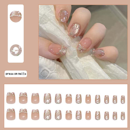 Hkanlre Flower Fake Nails Tips Pearl French Press on Nails Full Cover Square False Medium Nails for Women 24PCS Avelisse