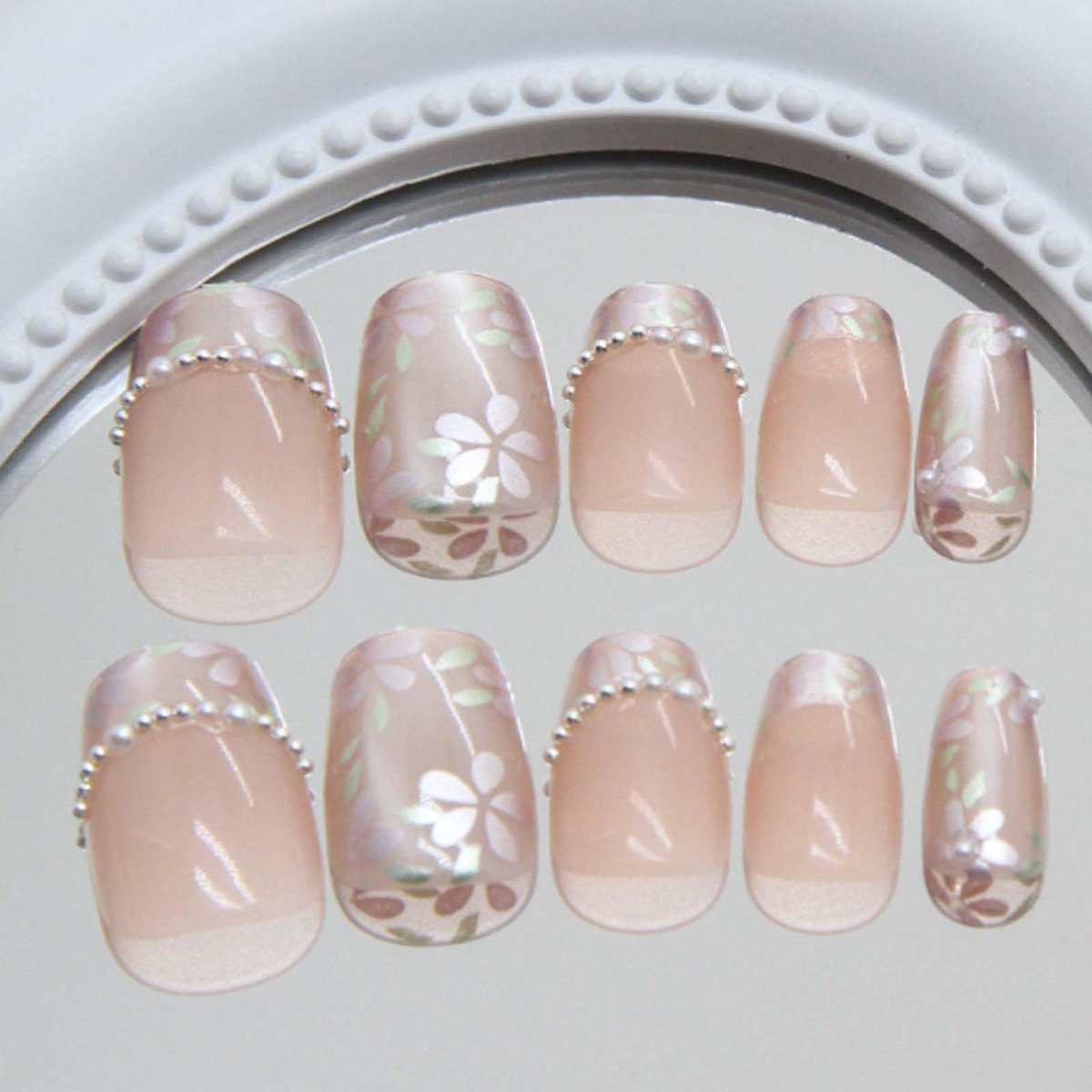 Hkanlre Flower Fake Nails Tips Pearl French Press on Nails Full Cover Square False Medium Nails for Women 24PCS Avelisse