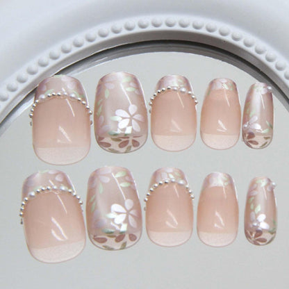 Hkanlre Flower Fake Nails Tips Pearl French Press on Nails Full Cover Square False Medium Nails for Women 24PCS Avelisse
