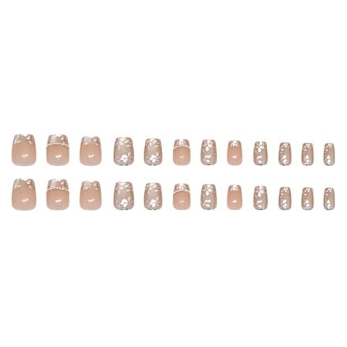 Hkanlre Flower Fake Nails Tips Pearl French Press on Nails Full Cover Square False Medium Nails for Women 24PCS Avelisse