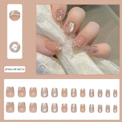 Hkanlre Flower Fake Nails Tips Pearl French Press on Nails Full Cover Square False Medium Nails for Women 24PCS Avelisse